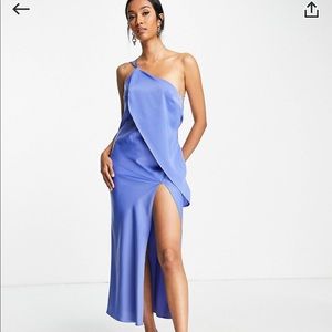 Blue Satin Midi Dress w/ high split